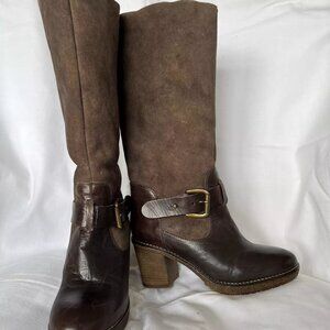 knee riding boots women leather/suede block heel brown almond toe buckle